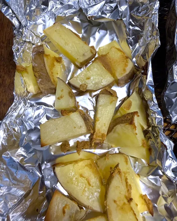 Papas con ajo, horno a 200 °C. Polvo hidratado.