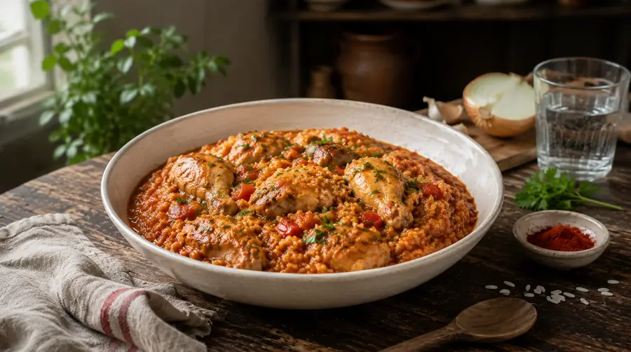 Guiso de arroz con pollo en una olla, con el arroz teñido por el pimentón