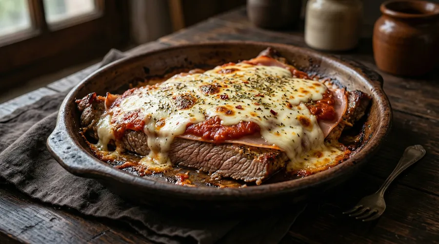 Matambre vacuno a la pizza con queso gratinado, salsa, jamón y orégano en fuente rústica