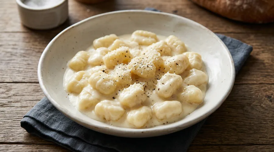 Ñoquis con salsa blanca cremosa, queso rallado y pimienta negra