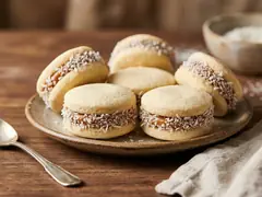Alfajores de maicena rellenos con dulce de leche y coco rallado sobre superficie de madera rústica