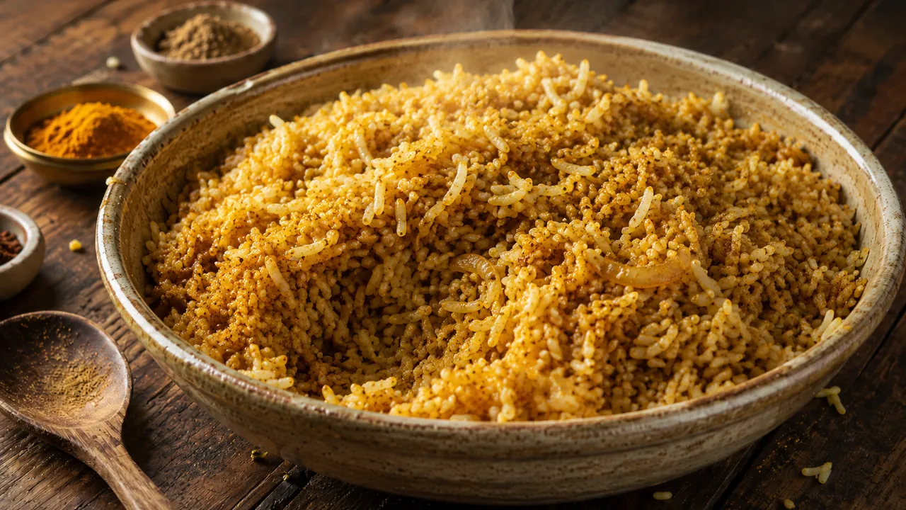 Arroz al curry dorado tostado con tiras de cebolla caramelizada, servido humeante en un bol hondo de cerámica rústica moteada sobre una mesa de madera oscura, con un bol de bronce con cúrcuma molida, un bol de madera con curry en polvo y una cuchara de madera con especias alrededor