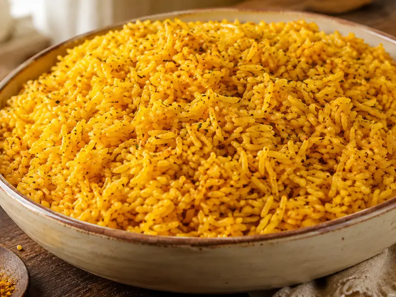 Arroz amarillo dorado anaranjado con motitas verdes de orégano y puntos de pimienta negra, servido en fuente de cerámica rústica sobre mesa de madera oscura, con una cuchara de madera con cúrcuma en polvo al costado