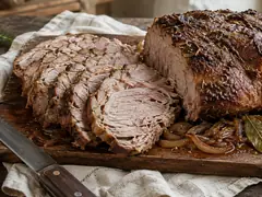 Bondiola de cerdo al horno cortada en rodajas sobre tabla de madera, con costra oscura de especias y el jugo de cocción alrededor