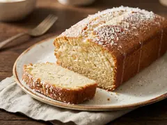 Budín de coco cortado en rodajas con glaseado y coco rallado por encima sobre plato de cerámica rústica