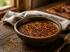 Chimichurri casero en frasco de vidrio con aceite, ají molido y orégano sobre tabla de madera rústica