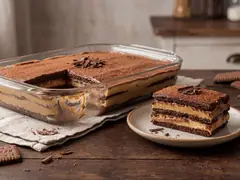 Chocotorta rectangular en fuente de vidrio sobre mesa de madera oscura, con porción cortada mostrando capas de galletitas y crema, espolvoreada con cacao