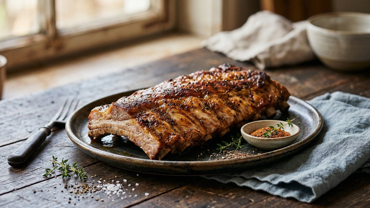 Costillas de cerdo al horno con costra especiada y caramelizada sobre plato de cerámica oscura con hierbas y especias