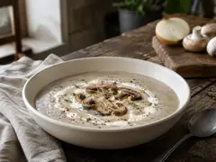 Crema de champiñones beige con toque de crema y pimienta negra en bol de cerámica sobre mesa de madera