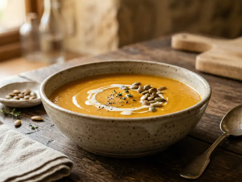 Crema de zapallo en bowl de cerámica rústica con semillas tostadas, espiral de crema y pimienta negra