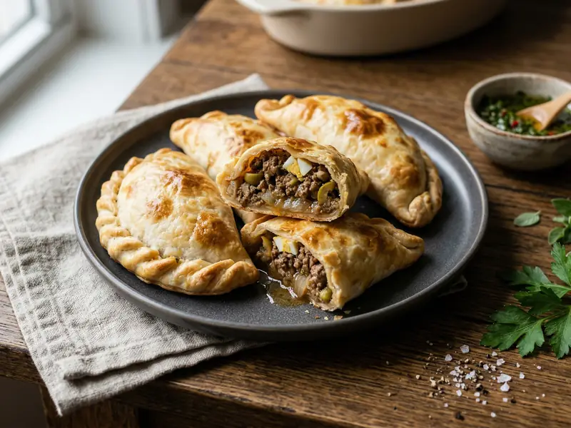 Empanadas de carne argentinas doradas sobre superficie rústica