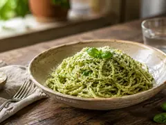 Fideos al pesto con albahaca fresca, parmesano y nueces en plato blanco sobre mesa de madera