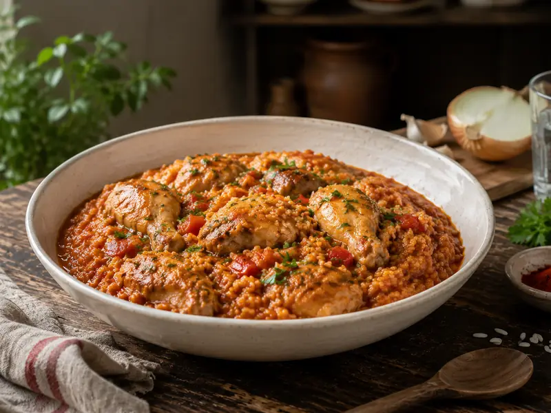 Guiso de arroz con pollo con pimentón, comino y ají molido en cazuela de cerámica rústica sobre mesa de madera oscura