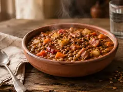 Guiso de lentejas con comino, pimentón y ají molido en cazuela de cerámica rústica sobre tabla de madera oscura