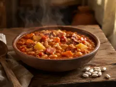 Guiso de porotos con pimentón, comino y ají molido en cazuela de barro sobre mesa de madera oscura
