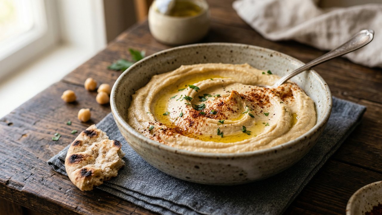 Hummus casero con hilo de aceite de oliva, pimentón ahumado y perejil en bowl de cerámica, con pan pita tostado al costado
