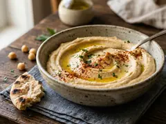 Hummus casero en bowl de cerámica con pimentón, aceite de oliva, perejil y pan de pita