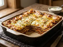 Lasaña casera recién horneada con queso gratinado y capas visibles de carne y salsa
