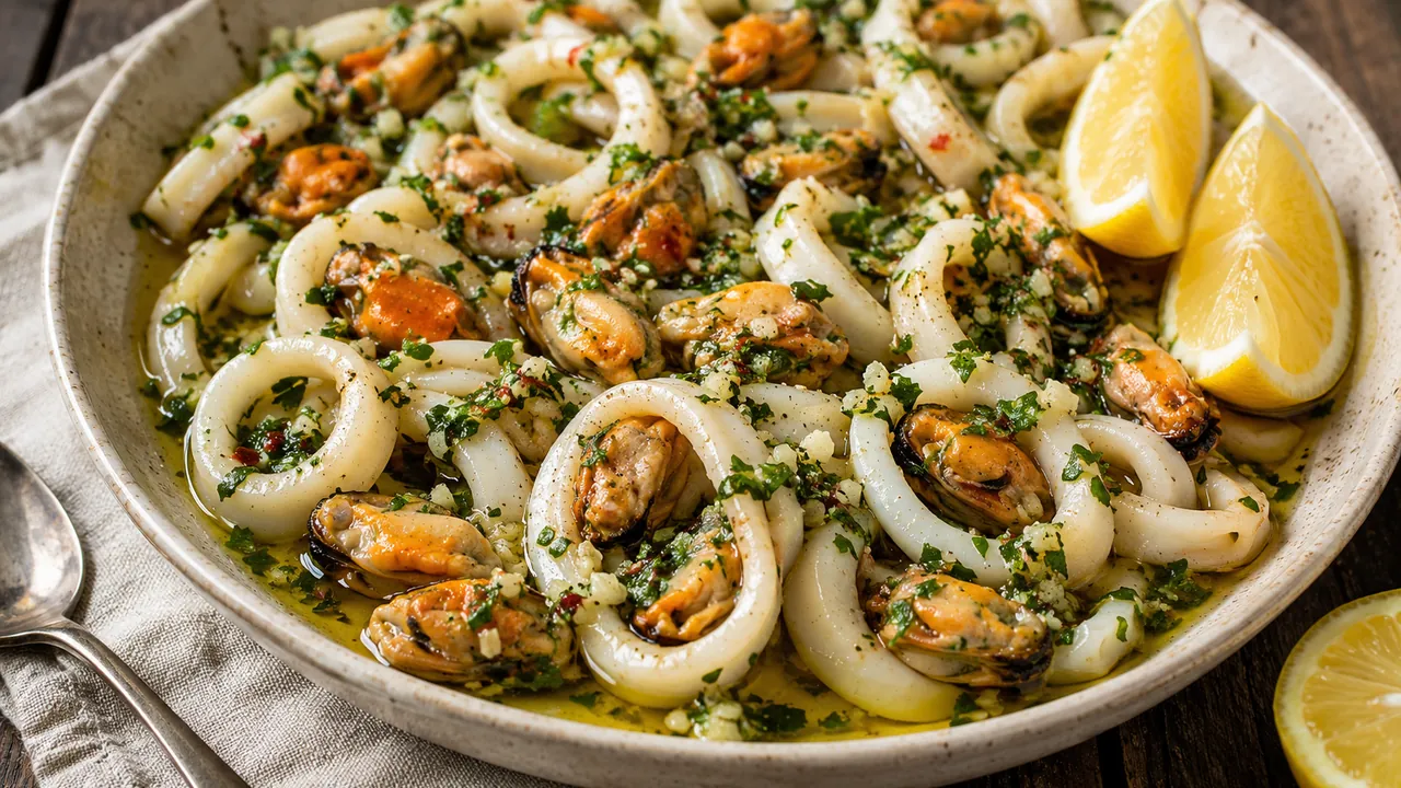 Fuente de mariscos a la provenzal con aros de calamar y mejillones cubiertos de ajo y perejil, con gajos de limón al costado