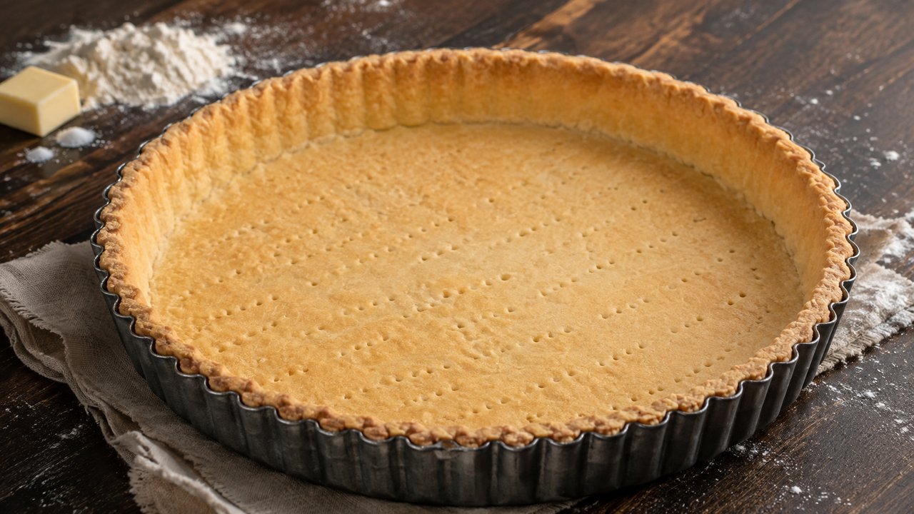 Base de masa para tarta dulce horneada a ciegas en molde acanalado, dorada y pinchada con tenedor, sobre mesa de madera oscura con harina y un cubo de manteca