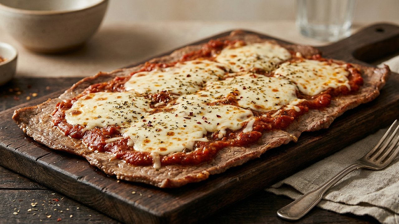Matambre a la pizza con salsa de tomate, muzzarella derretida y orégano sobre tabla de madera oscura