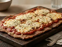 Matambre a la pizza con queso fundido, salsa de tomate, jamón y orégano