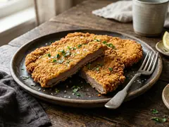 Milanesa casera recién frita con condimentos 51