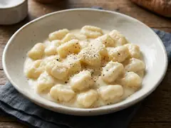 Ñoquis con salsa blanca cremosa, queso rallado y pimienta negra