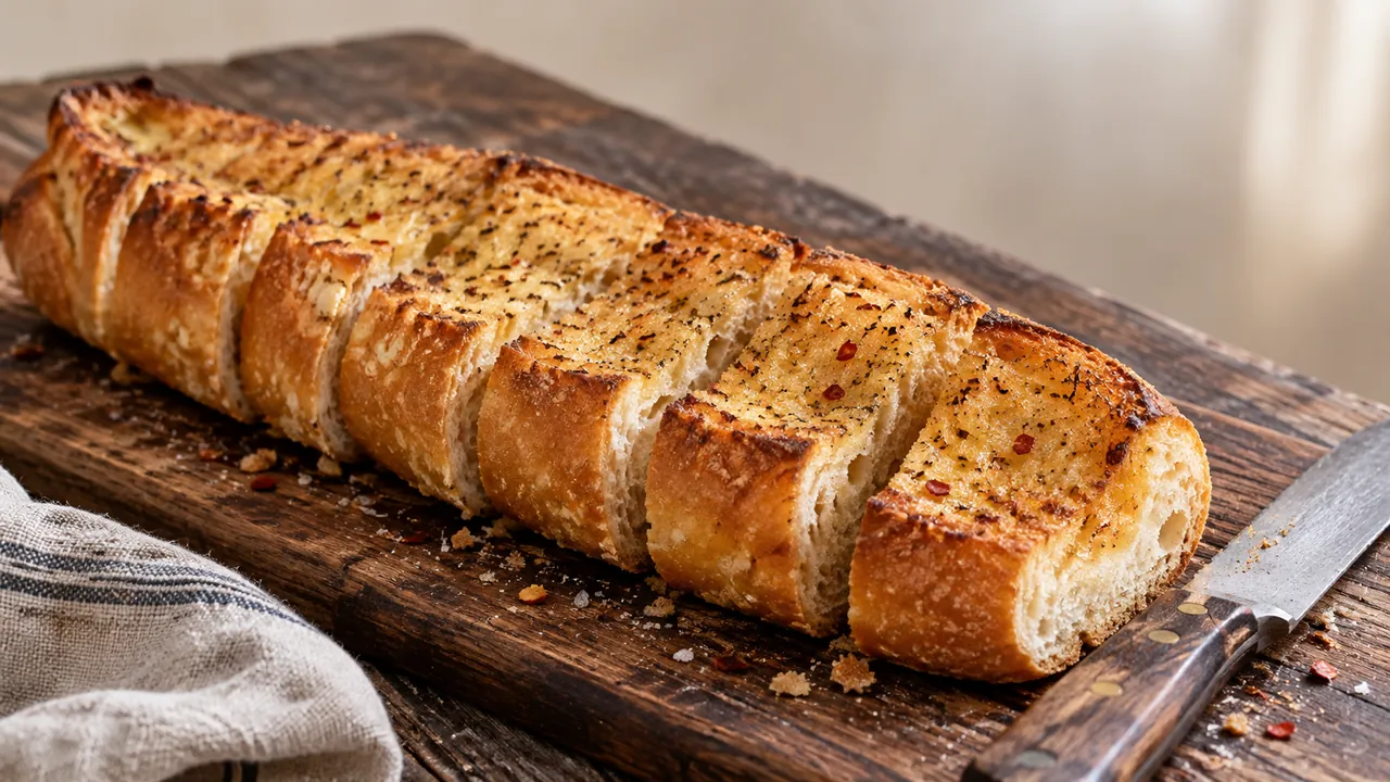 Pan de ajo casero: una flauta dorada cortada en rodajas gruesas, en fila sobre una tabla de madera, con la manteca de ajo metida en la miga