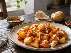 Papas doradas en cubos con salsa brava rojiza de pimentón y ají sobre tabla de madera oscura