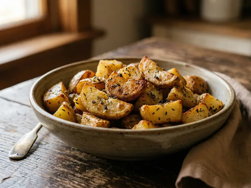 Papas provenzal doradas al horno en bol de cerámica rústica