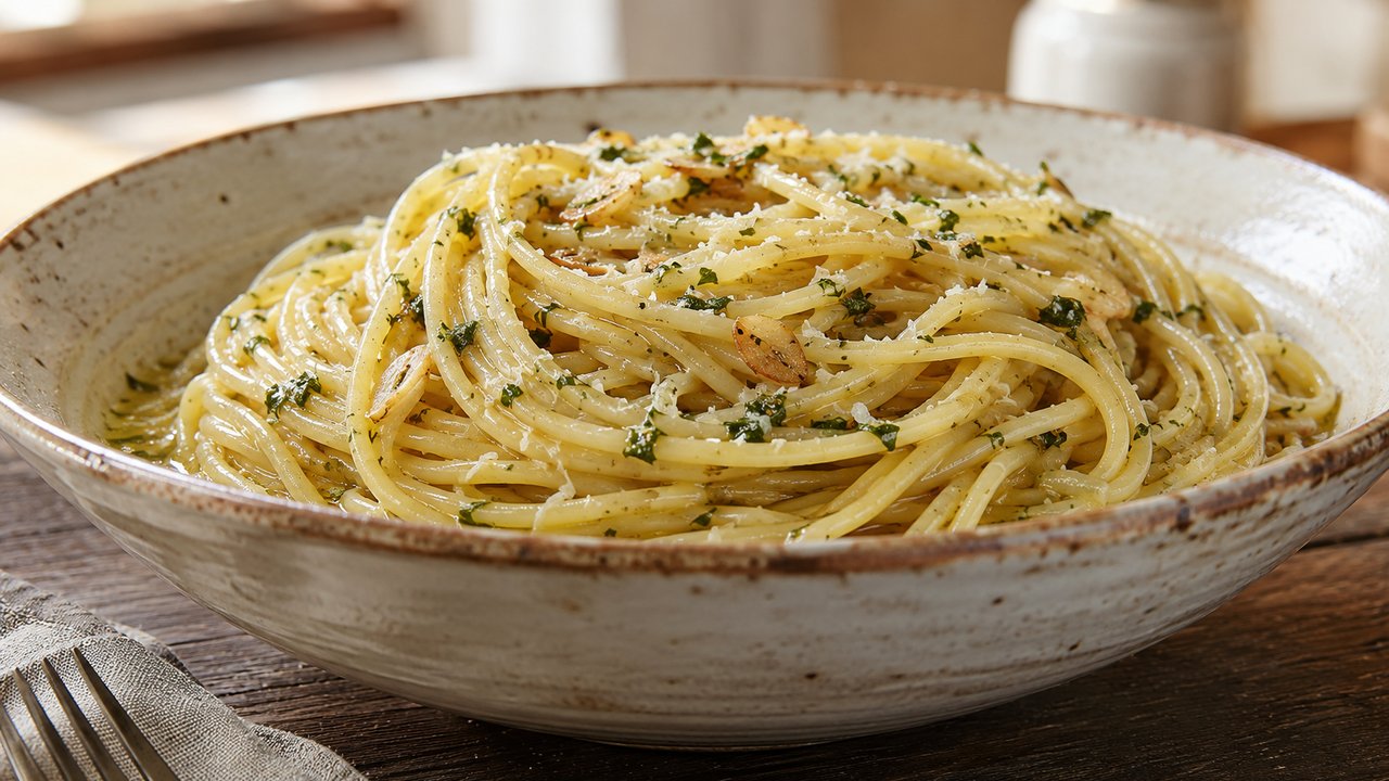 Nido de spaghetti en un bol de ceramica rustica, con laminas de ajo doradas, perejil picado y queso rallado por encima, y aceite brillante en el fondo del bol