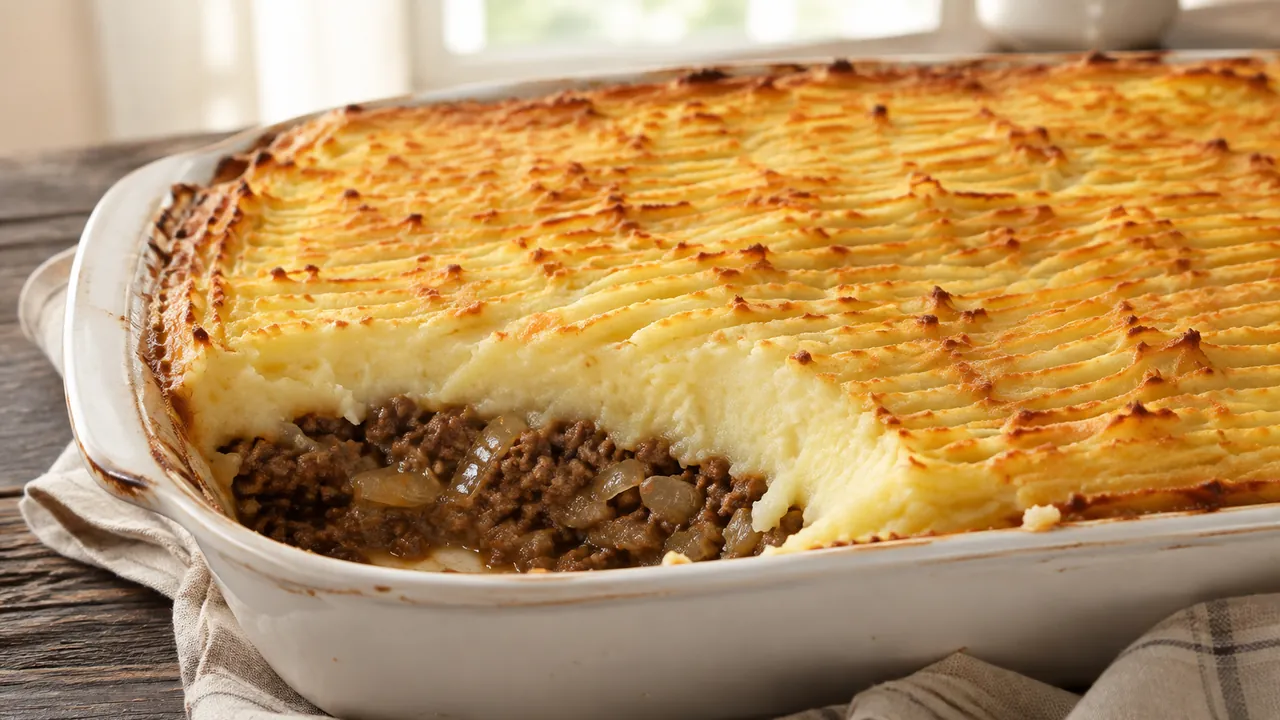 Pastel de papas argentino en fuente de cerámica, con la tapa de puré dorada y el relleno de carne picada a la vista