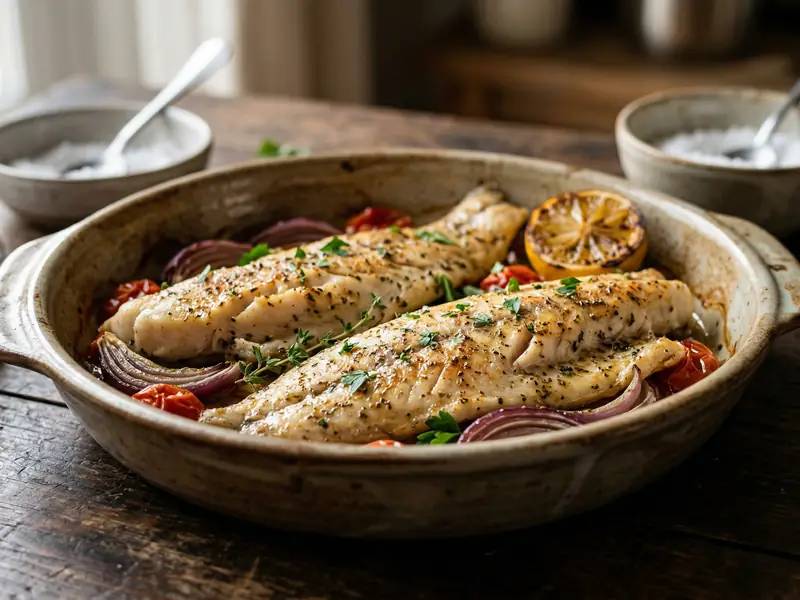 Filetes de pescado de mar al horno en fuente de barro con tomate cherry, cebolla morada y limón asado
