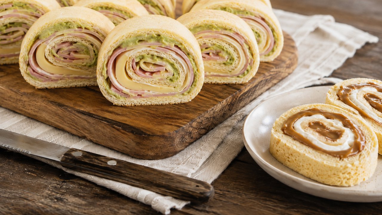 Rodajas de pionono relleno de jamón, queso y palta sobre tabla de madera, con dos rodajas de pionono dulce de dulce de leche y crema en un plato de cerámica clara al costado
