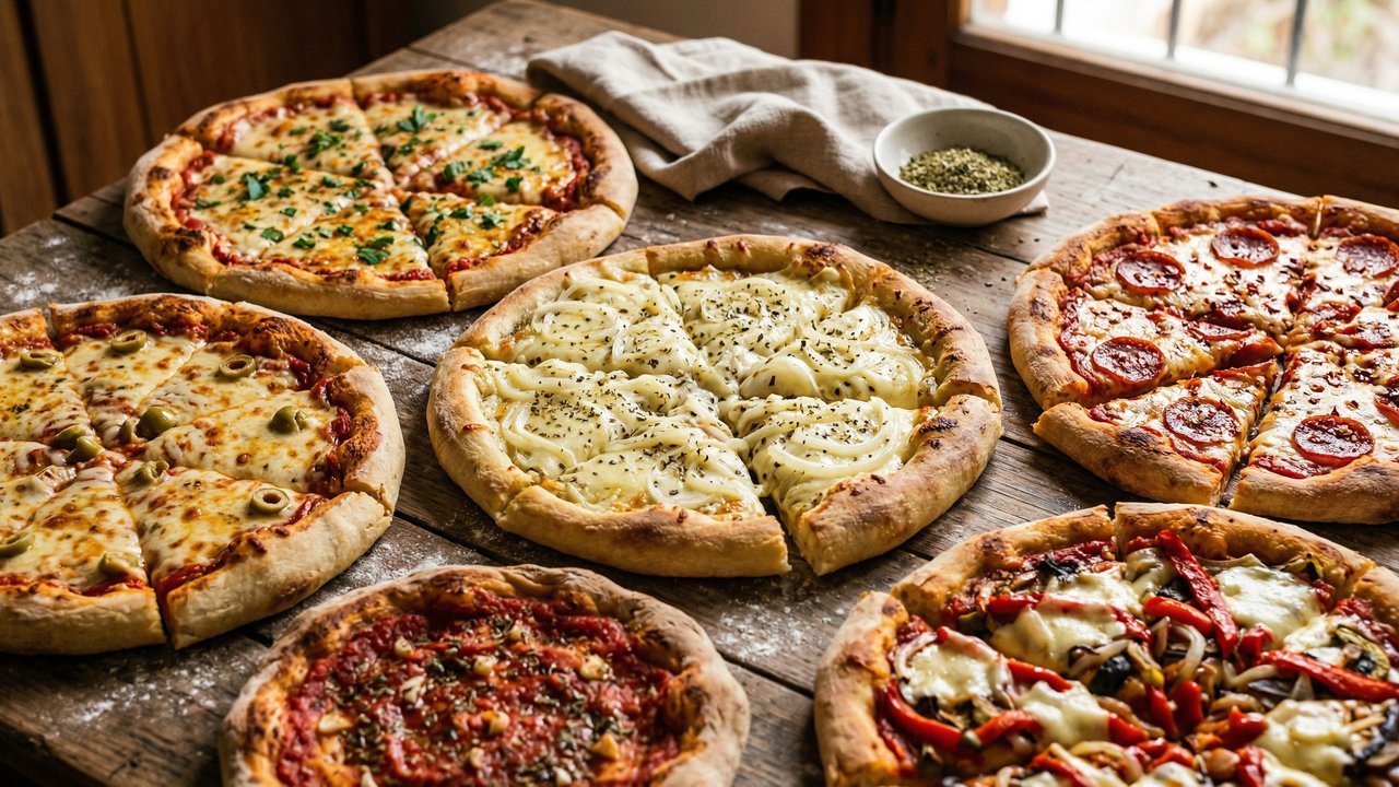Variedad de pizzas caseras estilo argentino con distintos toppings sobre mesa de madera rústica con orégano seco