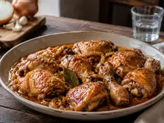 Pollo trozado dorado en salsa ámbar de cerveza con pimentón y pimienta en cazuela de hierro sobre mesa de madera