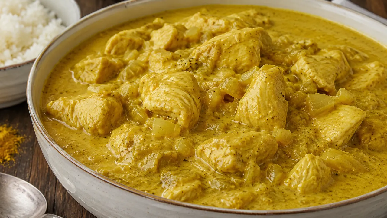 Pollo al curry en bol de cerámica rústica, con los cubos de pollo cubiertos por una salsa amarilla cremosa y trozos de cebolla, un bol de arroz blanco al costado, curry en polvo y una cuchara de metal sobre mesa de madera oscura