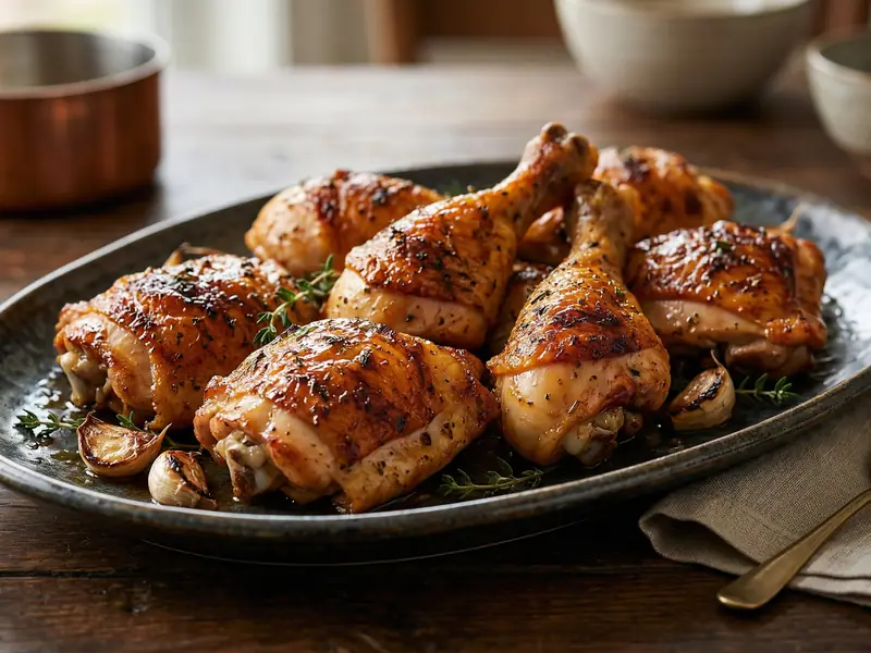 Pollo al horno dorado con pimentón servido en fuente rústica
