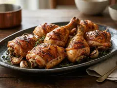 Pollo al horno dorado con pimentón servido en fuente rústica