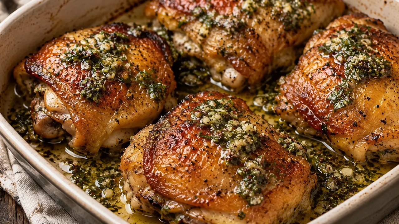 Muslos de pollo al horno con la piel dorada y crocante en una fuente, con provenzal de perejil y ajo recién volcada por encima