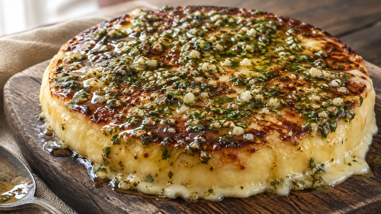 Disco entero de provoleta sobre una tabla de madera, con la superficie muy dorada y manchada de marron oscuro, cubierta de perejil y ajo en aceite, y el queso derretido desbordando por el borde inferior