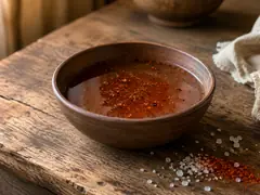 Bol con salmuera para asado con ají molido, pimentón y pimienta, con hierbas y salero en tabla de madera oscura