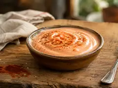 Salsa golf casera con pimentón y pimienta en bol de cerámica blanca sobre mesa de madera, con langostinos al costado