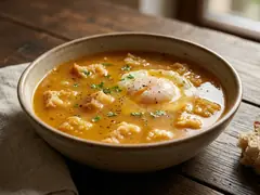 Sopa de ajo en bowl de cerámica con huevo escalfado, pan y perejil fresco