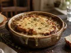 Sopa de cebolla gratinada con costra de queso derretido en cazuela de cerámica sobre mesa de madera oscura