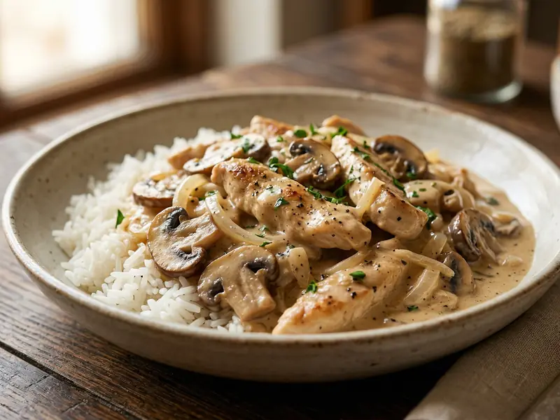 Strogonoff de pollo con champiñones y salsa cremosa servido sobre arroz blanco