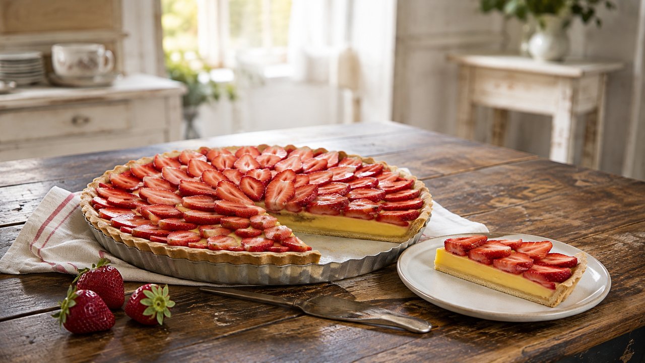 Tarta de frutillas con crema pastelera en molde acanalado, con las frutillas en gajos superpuestos en circulos concentricos, una porcion servida en plato de ceramica clara y frutillas enteras sobre mesa de madera oscura