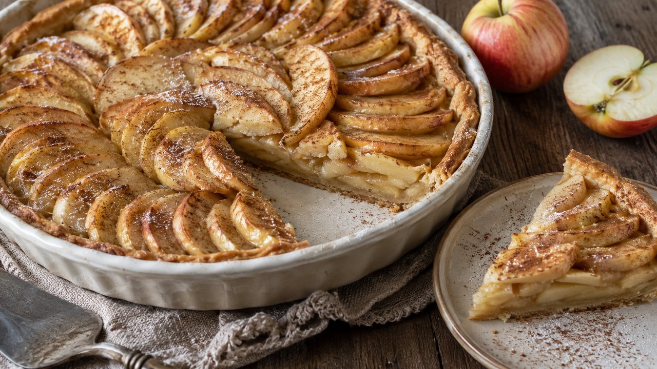Tarta de manzana casera en fuente de cerámica clara, con los gajos finos acomodados en círculos, dorados y espolvoreados con canela, una porción servida en un plato al costado que muestra el interior, y manzanas enteras sobre lienzo de lino y mesa de madera oscura