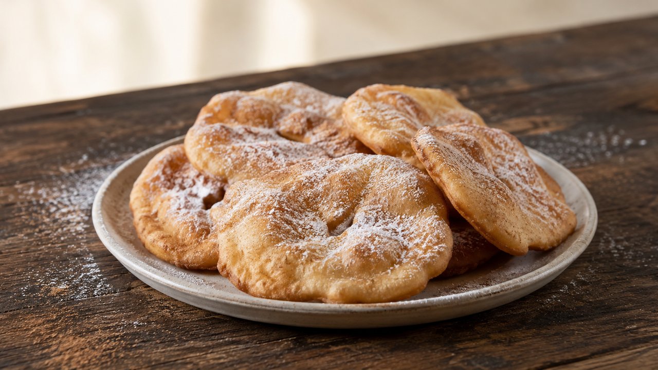Tortas fritas caseras apiladas en un plato de cerámica clara sobre mesa de madera oscura, espolvoreadas con azúcar impalpable